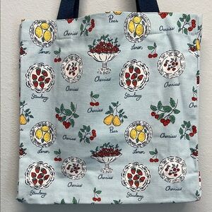 Whimsical Fruit Canvas Tote in Baby Blue w/Navy Handles 🍓🍒🍋🍐